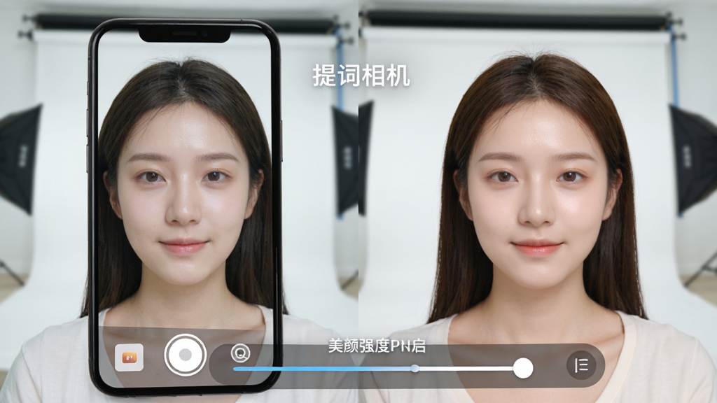 提词相机美颜效果展示,手机屏幕左侧为原始画面,右侧为开启美颜后的效果,肤色提亮,五官柔和,底部有美颜强度滑杆,背景为干净的工作室,画面高清细腻,突出“提词相机”品牌,无多余元素