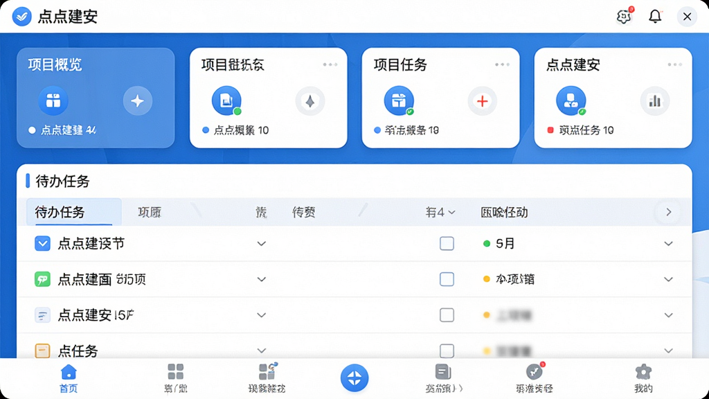 一张展示“点点建安”软件主界面的高清截图,界面布局清晰,顶部为项目概览卡片,中部为待办任务列表,底部为功能导航栏,整体风格简洁商务,以蓝色和白色为主色调,图标圆润精致,画质细腻,无多余元素,干净整洁。