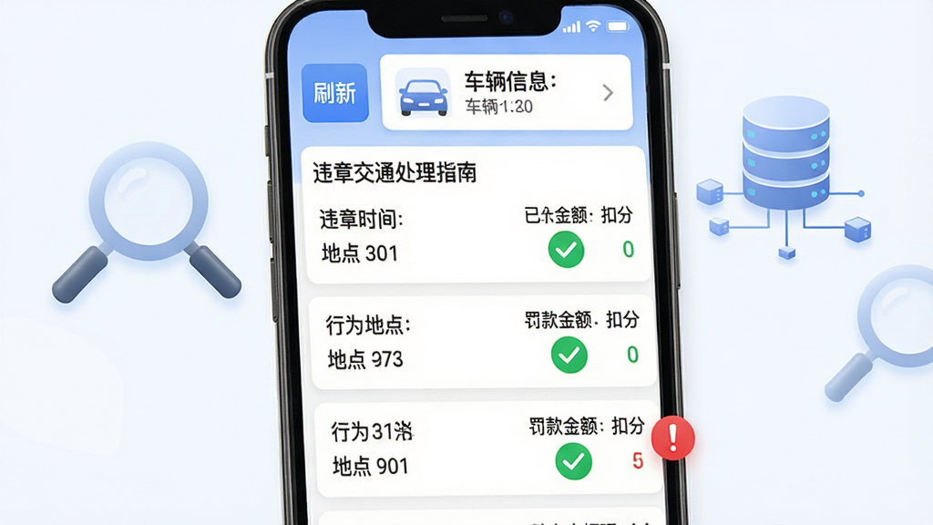 主体:手机界面展示“违章交通处理指南”的违章记录列表,每条记录包含违章时间、地点、行为、罚款金额与扣分。布局:列表自上而下排列,顶部有刷新按钮和车辆信息卡片。风格:清晰数据可视化,绿色对勾表示已处理,红色感叹号表示未处理。细节:背景有放大镜图标和数据库连接图形,字体为无衬线体,画面干净整洁。画质:高分辨率,无多余元素。