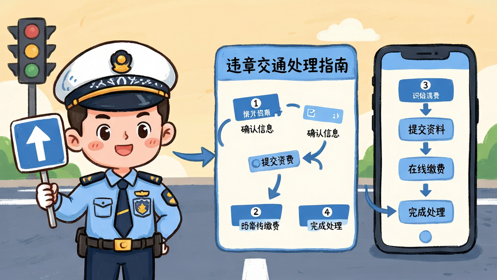 主体:卡通交警角色手持指示牌,旁边是“违章交通处理指南”APP的流程引导页面,包含步骤1-2-3-4。布局:流程步骤用箭头串联,右侧有手机示意图。风格:手绘插画结合扁平设计,颜色温暖明亮,蓝色主调。细节:每个步骤下方有简短说明文字,如“确认信息”“提交资料”“在线缴费”“完成处理”,背景有道路和信号灯。画质:高清,干净无多余元素。