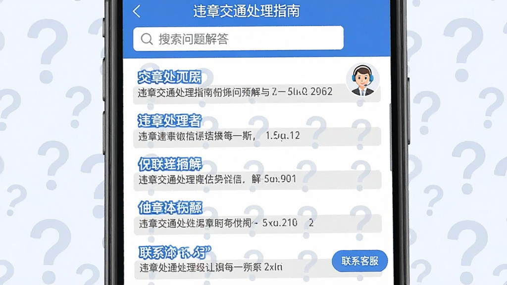 主体:一张手机截图展示“违章交通处理指南”的常见问题解答页面,列表显示多个问题条目。布局:顶部搜索框,下方问答列表。风格:简洁问答风格,蓝色标题加灰色正文。细节:有客服头像和“联系客服”按钮,背景有问号图案。画质:清晰,干净无多余元素。