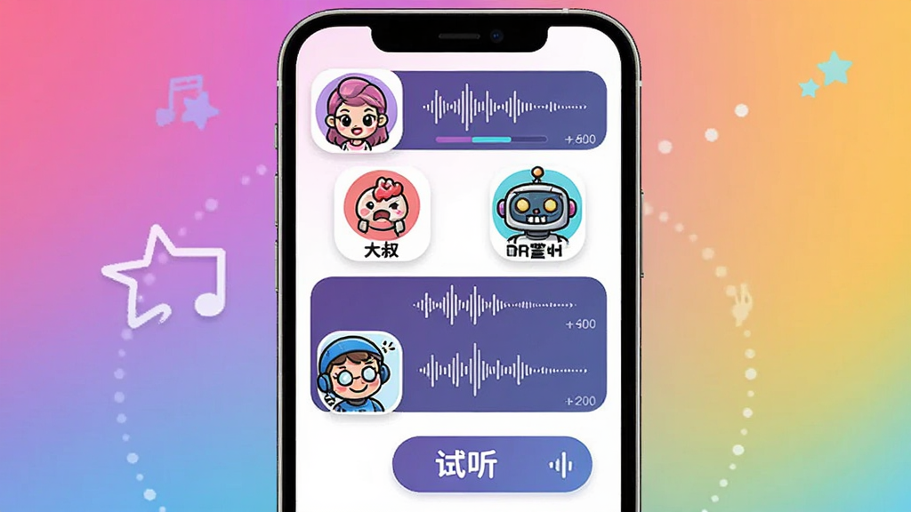 鸣句实时变声功能展示图,主体为手机界面展示变声选项列表,包含萝莉、大叔、机器人等图标,背景为彩色渐变,布局为列表式,风格卡通可爱,细节包含音效波形图与试听按钮,画质清晰干净,无多余元素。