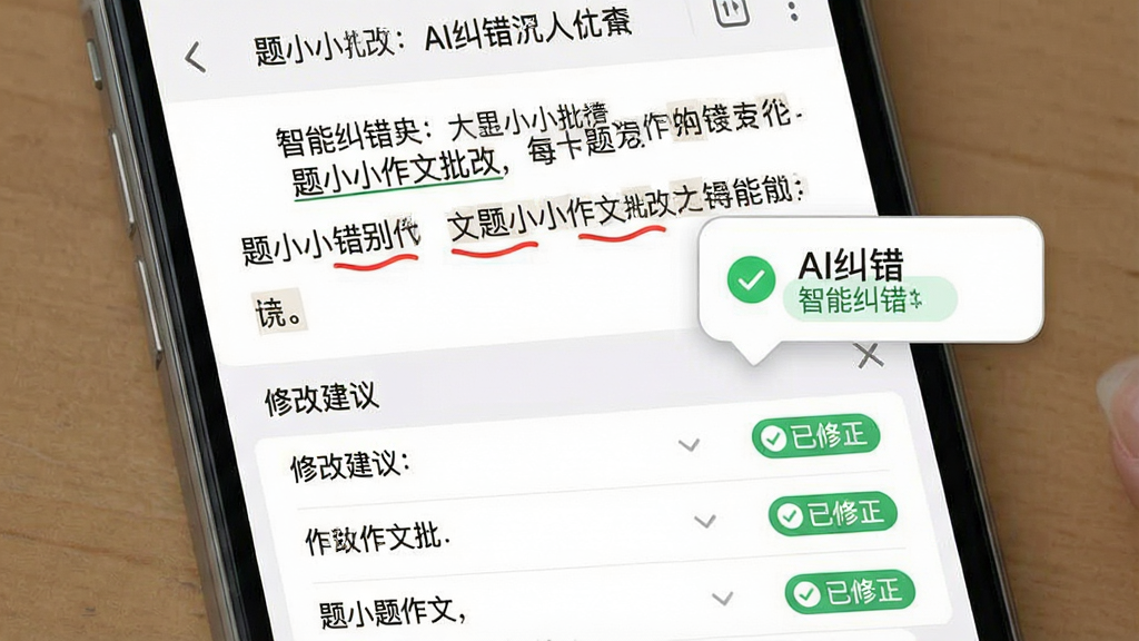 一张展示“题小小作文批改”AI纠错功能的手机截图,主体是作文批改界面中红色波浪线标注的错别字和弹出的修改建议气泡,布局为上下结构,上部分是作文原文,下部分是修改建议列表,风格扁平化教育应用风格,细节包括绿色对勾和“已修正”标签,画质高清,干净无多余元素,文字显示“题小小作文批改”和“智能纠错”。