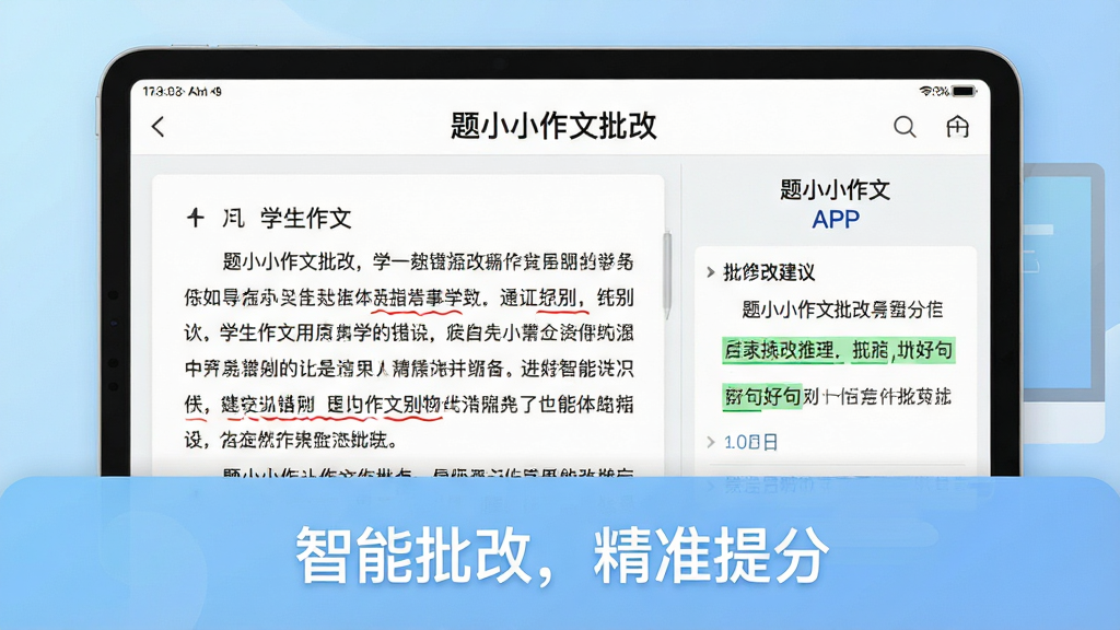 一幅展示“题小小作文批改”APP界面截图的电脑或手机壁纸风格图片,主体是平板电脑上打开的作文批改页面,左侧是学生作文原文,右侧是批改建议与得分,背景为淡蓝色渐变,布局简洁大方,风格清新教育风,细节包括红色波浪线标注错别字、绿色下划线标出好句,画质清晰干净,无多余元素,文字部分显示“题小小作文批改”和“智能批改,精准提分”。