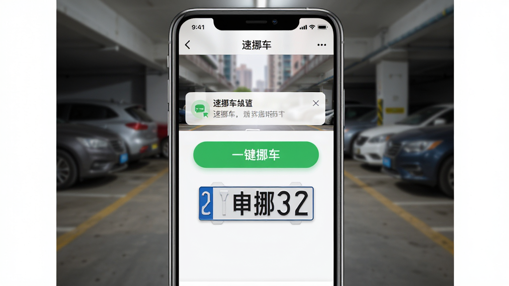主体为手机屏幕展示“速挪车”APP界面,屏幕中央显示“一键挪车”绿色按钮和虚拟车牌号,背景为模糊的城市街道停车场场景,布局以手机为中心,左右留白,排版简洁,风格清新写实,细节包含通知推送弹窗,画质高清,干净无多余元素