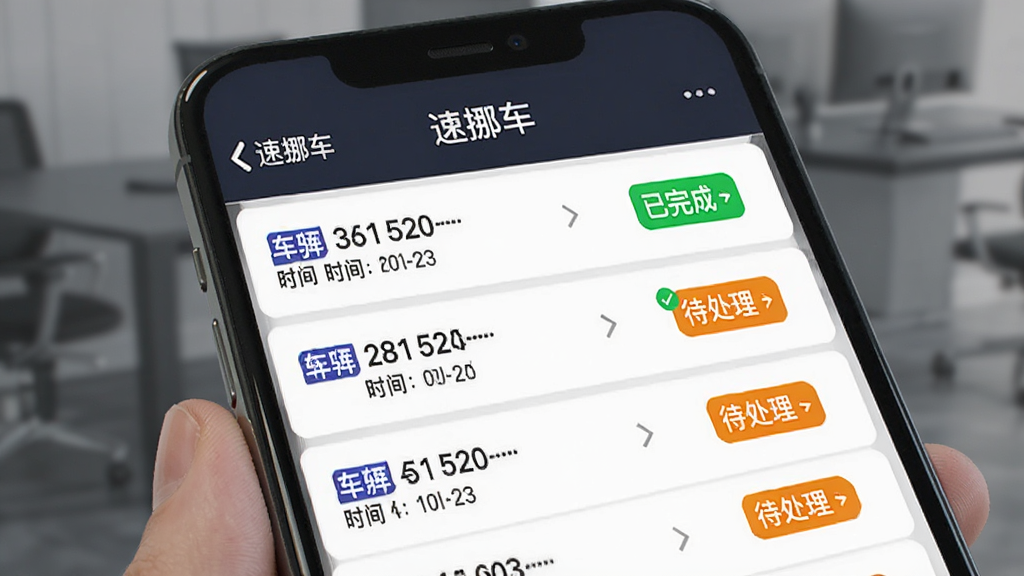 主体为手机屏幕展示“速挪车”历史记录列表,每行显示车牌号、时间、状态标签,布局为列表式,排版清晰,风格简约商务,细节包含绿色“已完成”和橙色“待处理”标签,画质干净,无多余元素