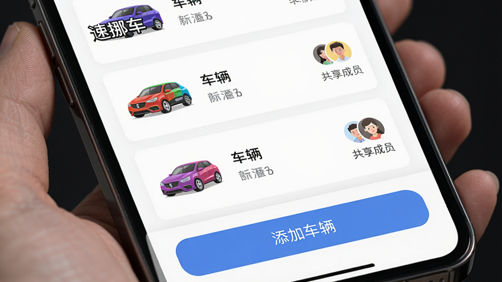 主体为手机屏幕显示“速挪车”车辆管理页面,上方为车辆列表,下方为“添加车辆”按钮,布局上下结构,排版简洁,风格浅色质感,细节包含两辆不同颜色的汽车图标和“共享成员”头像,画质干净,无多余元素