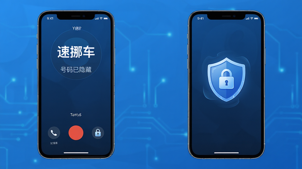 主体为两部手机分别显示“速挪车”通话界面和隐私保护盾牌图标,布局左右对称,排版简洁,风格科技蓝调,细节包含“号码已隐藏”字样和加密锁图标,画质高清,干净无多余元素