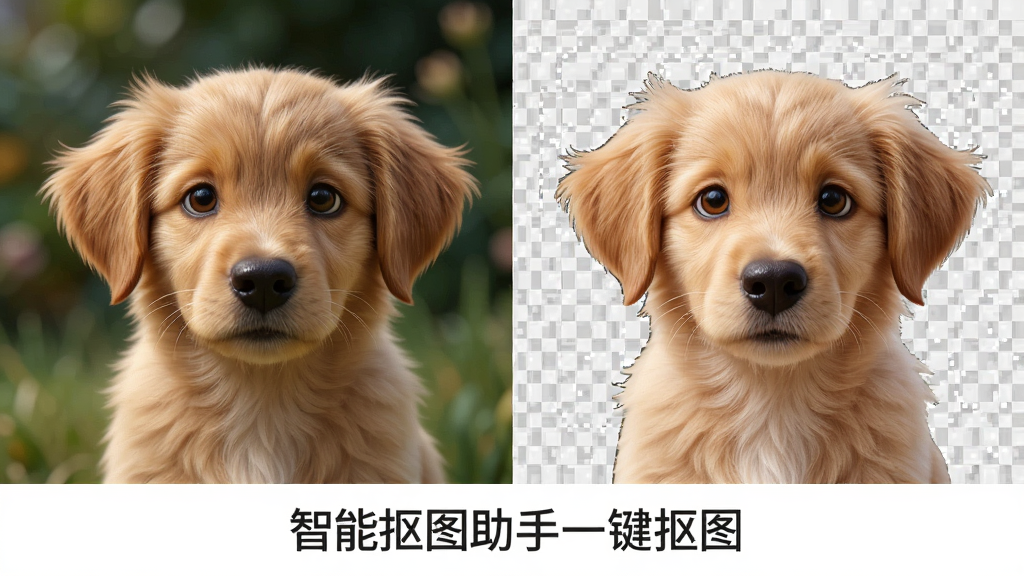 一张对比图,左侧为原始照片,右侧为智能抠图助手处理后的透明背景效果,主体为一只小狗,边缘毛发细节清晰,背景被完美去除,图片下方有“智能抠图助手一键抠图”字样,排版整洁,画质高清,风格写实,干净无杂物
