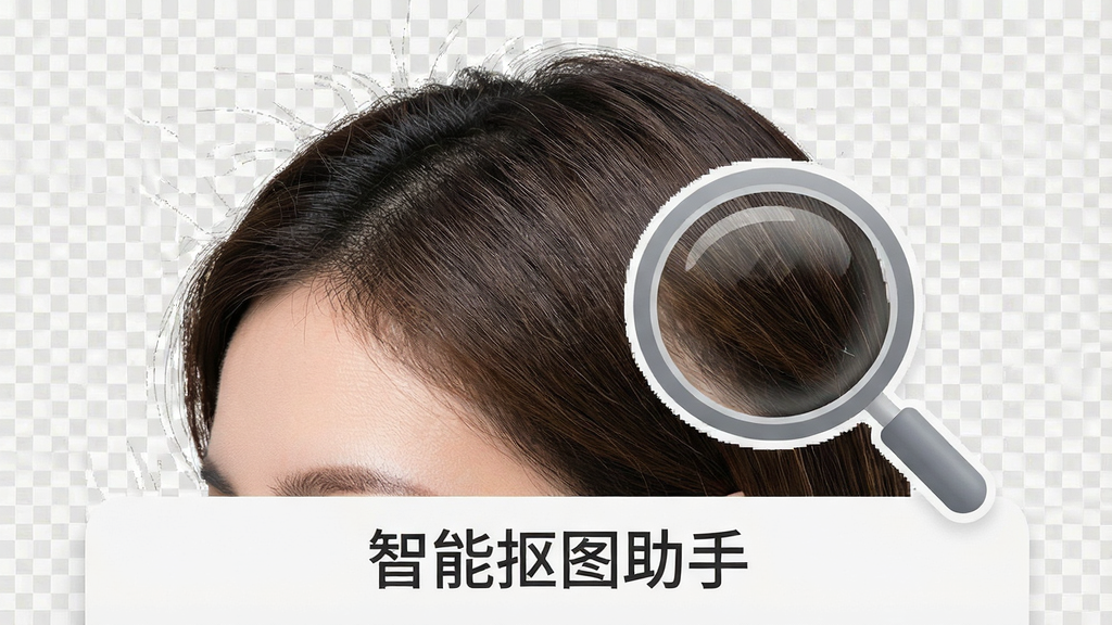 一张展示智能抠图助手精细边缘处理效果的图片,画面中人物发丝清晰,背景透明,边缘无毛刺,旁边有放大镜图标突出细节,整体色调淡雅,布局居中,风格简洁,画质细腻,文字标注“智能抠图助手”