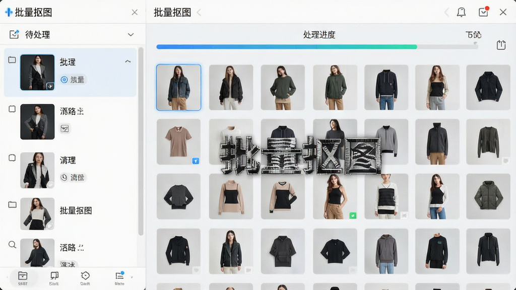 一张智能抠图助手批量处理界面的截图,左侧为待处理图片列表,右侧为处理进度条,多张商品图片整齐排列,背景为浅灰色,界面清晰,科技风格,画质干净,文字标注“批量抠图”