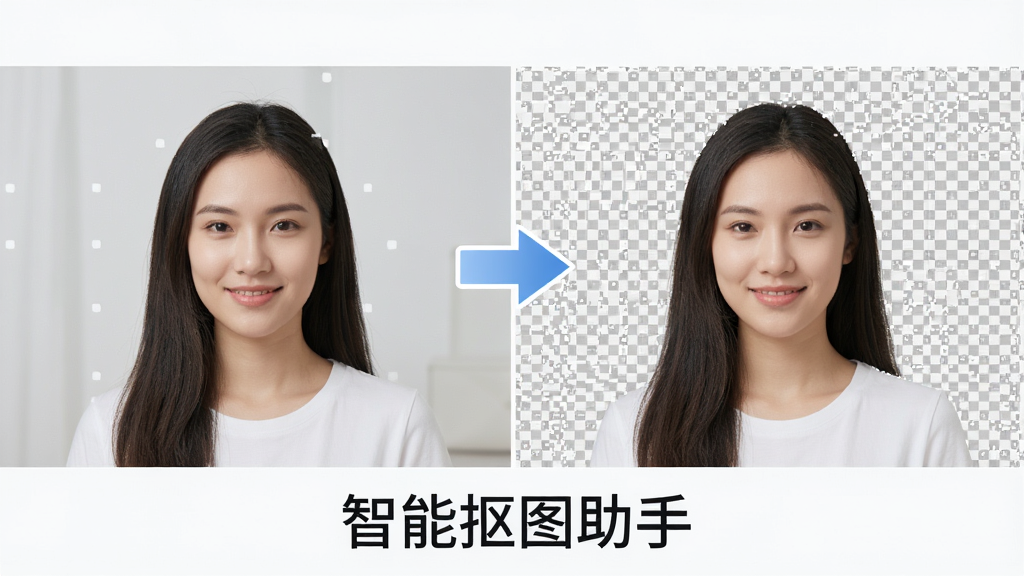 一张智能抠图助手使用教程的示意图,画面分为左右两部分,左边是原始图片,右边是抠图后的透明背景效果,中间有箭头指示,下方有“智能抠图助手”字样,整体风格简洁明了,构图清晰,画质干净