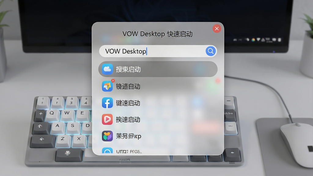 主体为VOW Desktop的快捷启动面板弹出效果,展示搜索框输入关键词后显示匹配应用列表,布局居中弹出,排版简洁,风格为毛玻璃拟态,细节包括键盘高亮、搜索建议,画质干净清晰,无多余元素,界面文字标注“VOW Desktop 快速启动”