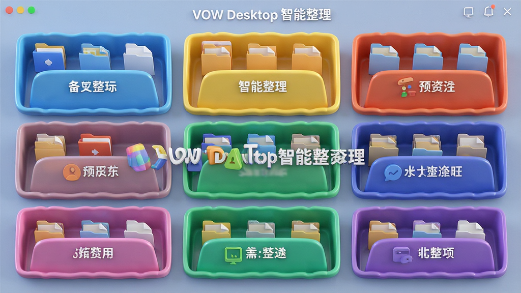 主体为VOW Desktop的智能整理功能演示,展示桌面文件被自动分类到不同颜色标签的分组中,布局为网格状,排版整齐,风格为3D渲染结合UI界面,细节包括文件图标清晰、分组标签醒目,画质高清干净,无多余元素,界面文字标注“VOW Desktop 智能整理”