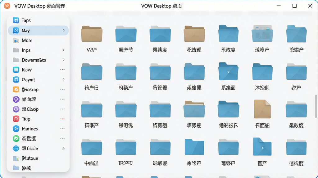 主体为VOW Desktop软件主界面,展示整洁的桌面整理效果,左侧为应用分类列表,右侧为文件缩略图网格,布局清晰,排版简洁,现代扁平化设计风格,细节包括圆角卡片、柔和阴影,画质高清干净,无多余元素,界面文字标注“VOW Desktop 桌面管理”