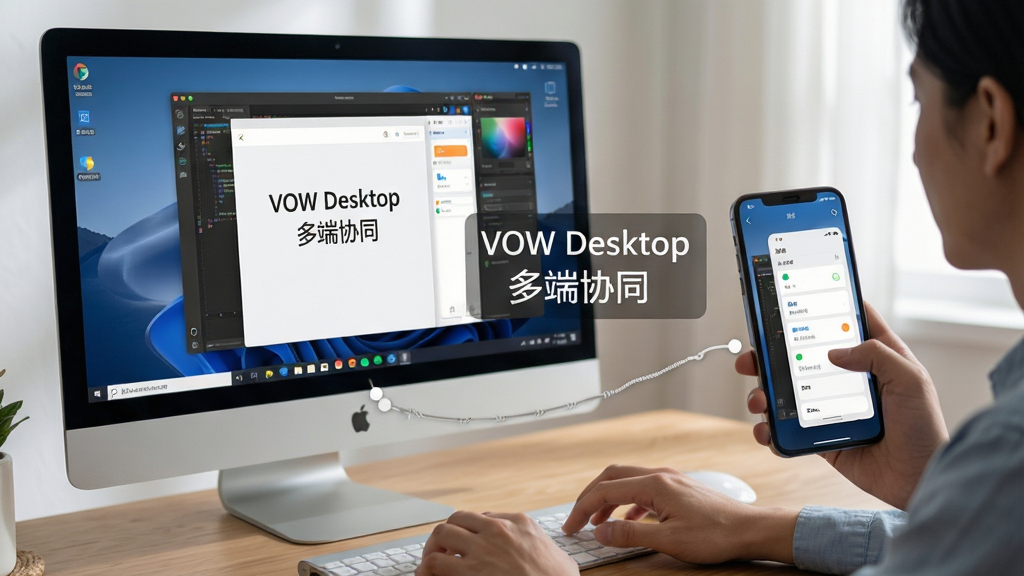主体为VOW Desktop使用场景,展示用户同时操作电脑与手机进行联动,布局左电脑右手机,排版均衡,风格为写实摄影结合UI界面,细节包括屏幕内容清晰、操作手势可见,画质高清干净,无多余元素,界面文字标注“VOW Desktop 多端协同”