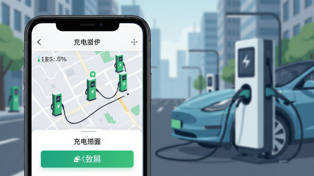 一幅现代科技风格的令狐充软件界面展示图,主体为智能手机屏幕特写,屏幕内清晰显示充电站地图分布与绿色充电桩图标,布局简洁明快,背景为虚化的城市街景与一辆正在充电的新能源汽车,风格偏向扁平化UI设计展示,细节包括电量百分比与扫码支付按钮,画质高清干净,无多余元素