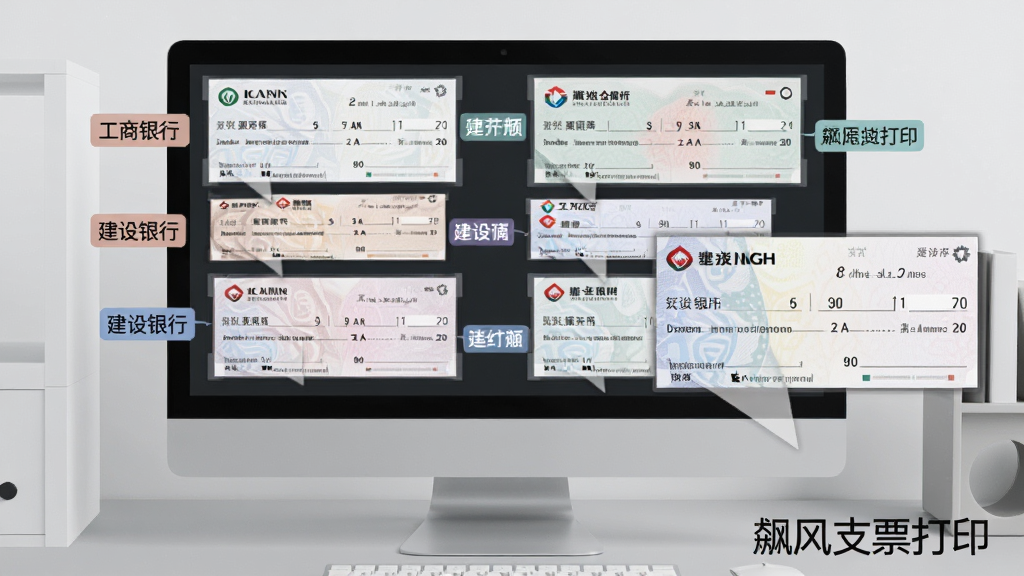 多张不同银行的支票模板整齐排列在电脑屏幕上,旁边有“工商银行”、“建设银行”等字样标签,界面设计清晰,模板细节放大展示,背景为浅灰色工作台,整体风格专业整洁,画质高,无多余元素,标注“飚风支票打印”