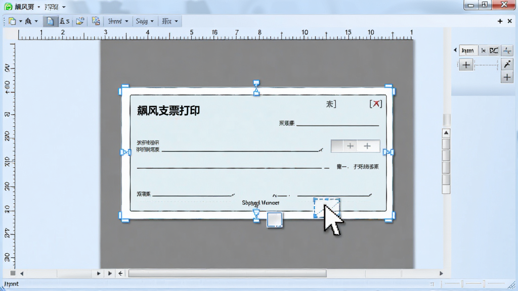 软件打印预览界面,一张支票样张显示在屏幕中央,周围有标尺和微调按钮,鼠标拖动调整位置,预览画面清晰,背景为淡蓝色工作界面,突出精准定位功能,整体风格专业,画质细腻,标注“飚风支票打印”