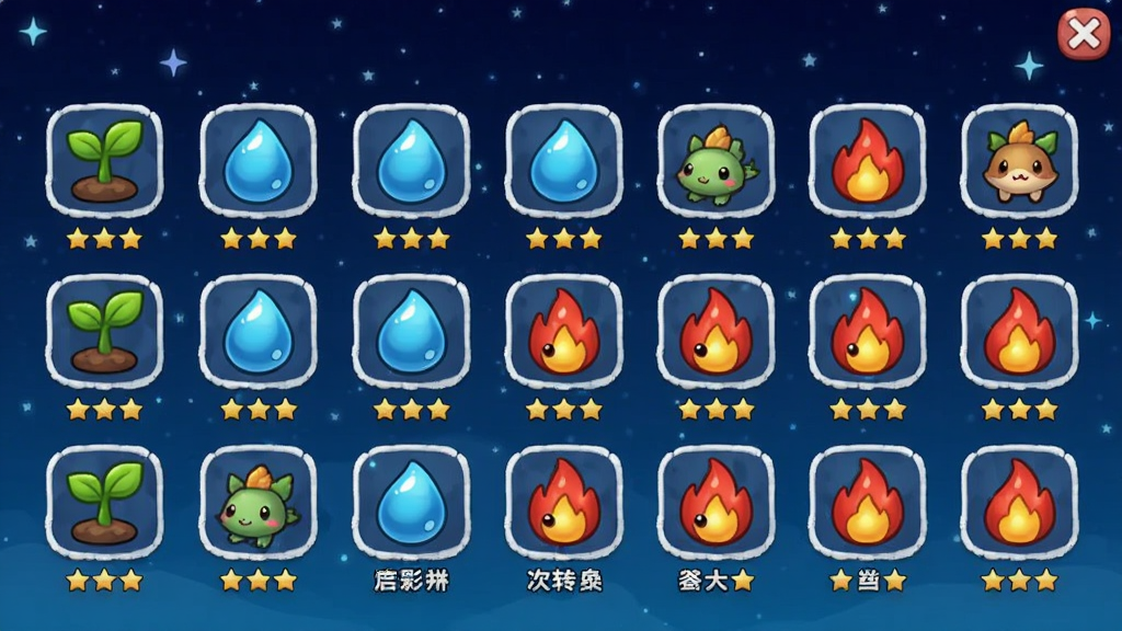 游戏图鉴界面,屏幕上排列着各种颜色形状的宠物图标,有绿色的小树苗、蓝色的小水珠、红色的小火苗,背景是深蓝色星空,界面简洁,图标排列整齐,每个宠物下方有名字和星级,卡通UI风格,细节精致,画质清晰,干净无多余元素