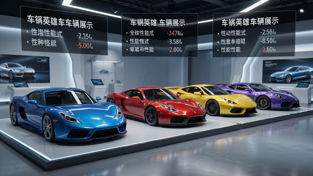 车祸英雄车辆展示界面,多款不同颜色的跑车整齐排列在展示台上,上方有车辆名称和性能数据,背景为科技感展厅,布局规整,风格写实,细节精致,画质高清,干净无多余元素
