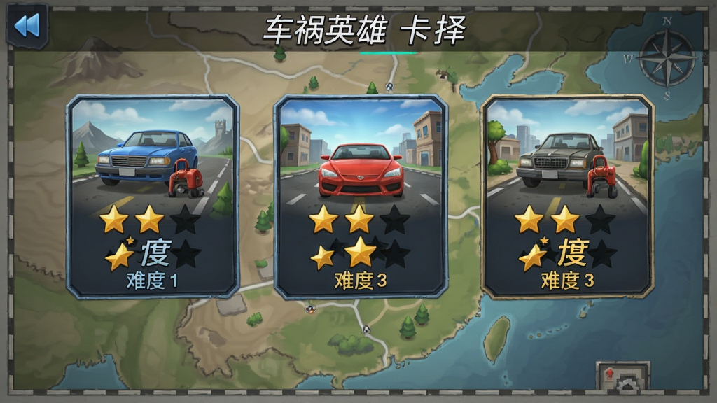 车祸英雄关卡选择界面,屏幕上显示多个关卡图标,每个图标有星级评价和难度标识,背景为游戏地图缩略图,布局清晰,风格简洁,细节丰富,画质高清,干净无多余元素