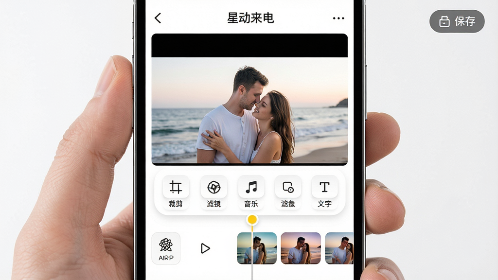 ���壺�ֻ���Ļ��ʾ���Ƕ����硱����Ƶ�༭ҳ�棬��Ļ��������ƵԤ�����ڣ��·��м���ʱ������˾�ѡ����֣�Ԥ�����ھ��У���Ƶ������һ�������ں��ߵĺ�Ӱ���·����������������С��ü������˾��������֡������֡�ͼ�ꣻ�Ű棺�����࣬��ɫ����������ͼ��ΪԲ�Ǿ��Σ���񣺼�Լ�ִ�������ָ��������ϸ�ڣ�ʱ�������л�ɫ���飬�˾�����ͼ��ʾ��ͬɫ��Ч������Ļ���Ͻ��С����桱��ť�����ʣ����壬�ɾ��޶���Ԫ�ء�