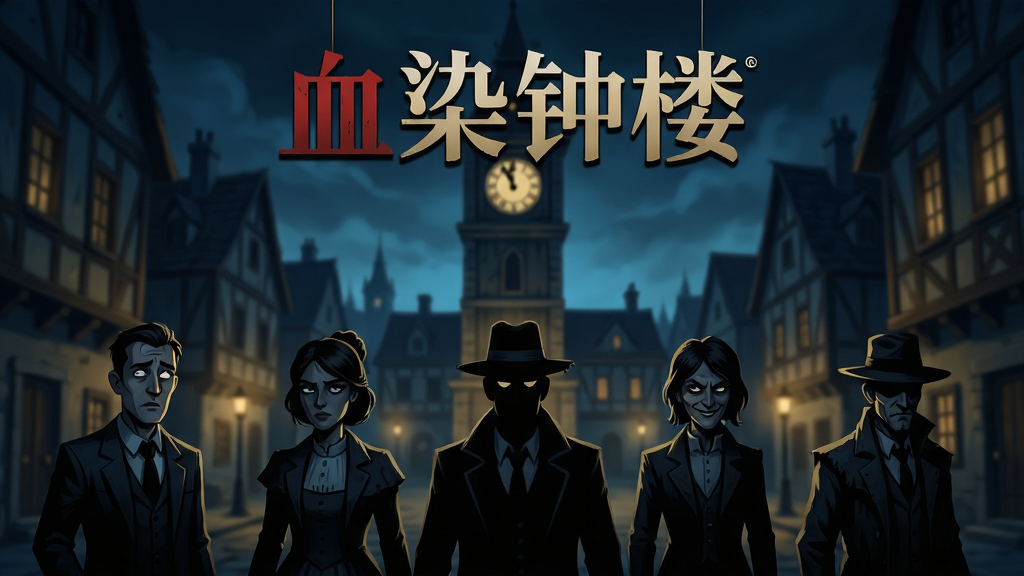 主体为《血染钟楼》游戏主界面截图,画面中央是充满欧式风格的小镇广场,背景有钟楼和昏暗的灯光,前景站着几位衣着各异的角色剪影。布局采用居中对称,角色形象突出,上方悬浮游戏LOGO“血染钟楼”四个大字。排版简洁大气,远景虚化处理,近景细节清晰。风格为暗黑悬疑插画风,色调以深蓝与暗金为主,渲染神秘氛围。细节要求角色面部表情各异,有疑惑、有狡黠,钟楼指针指向午夜。画质高清,画面干净,无多余元素。