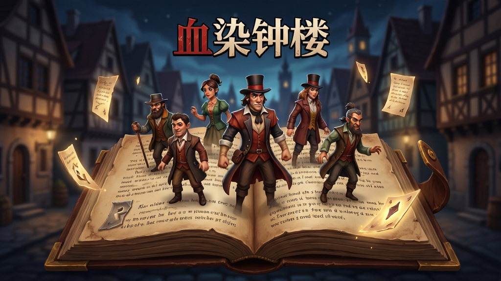 主体为《血染钟楼》游戏剧情界面,画面展示一本摊开的古老书籍,书页上浮现出立体的游戏角色形象,背景是模糊的欧洲小镇夜景。布局为书本居中,角色从书页中半立体浮现,周围漂浮着发光的线索碎片。排版强调书籍与角色的层次感,上方标注“血染钟楼”LOGO。风格为奇幻叙事插画,色调温暖而神秘。细节要求书页文字清晰可辨,角色表情生动,碎片带有微光。画质精致,干净无多余元素。