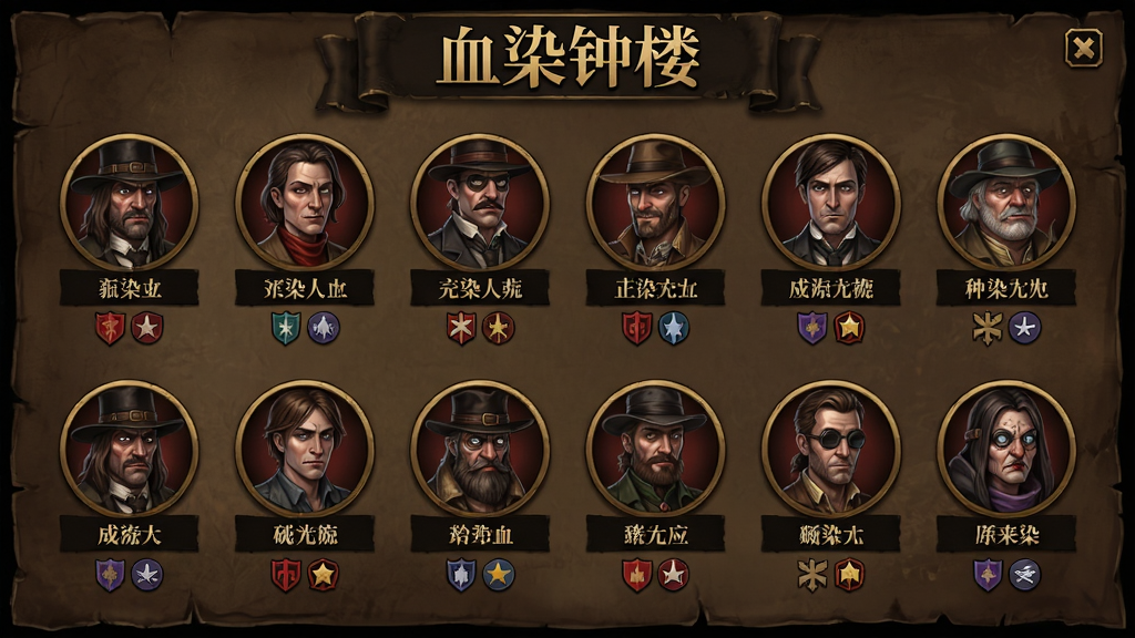 主体为《血染钟楼》角色选择界面,画面中央排列着多个圆形角色头像,每个头像下方标注角色名称与阵营图标。布局为网格状排列,头像大小一致,背景为深色羊皮纸纹理。排版整齐有序,顶部有“血染钟楼”字样。风格为卡牌收集风,色调以深棕与金色为主。细节要求头像绘制精细,风格统一,阵营图标清晰可辨。画质高清,干净无多余元素。