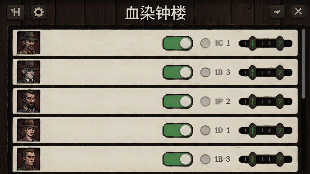 主体为《血染钟楼》自定义板子编辑界面,画面中央是一个角色列表,每行左侧为角色头像,右侧为开关按钮与数量调节器。背景为深色木质纹理,布局为列表式,上方有“血染钟楼”字样。排版清晰,功能按钮一目了然。风格为工具型UI设计,色调沉稳。细节要求开关按钮有明确的开启/关闭状态指示。画质干净,无多余元素。