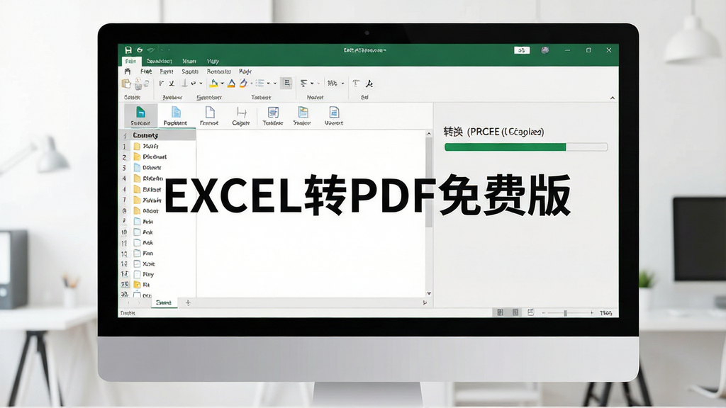 一张高清产品展示图,主体为电脑屏幕中显示EXCEL转PDF免费版软件界面,界面简洁明亮,左侧是文件列表,右侧是转换进度条,界面中显示“EXCEL转PDF免费版”字样,布局居中,排版整洁,现代扁平化设计风格,细节清晰,画质干净,无多余元素
