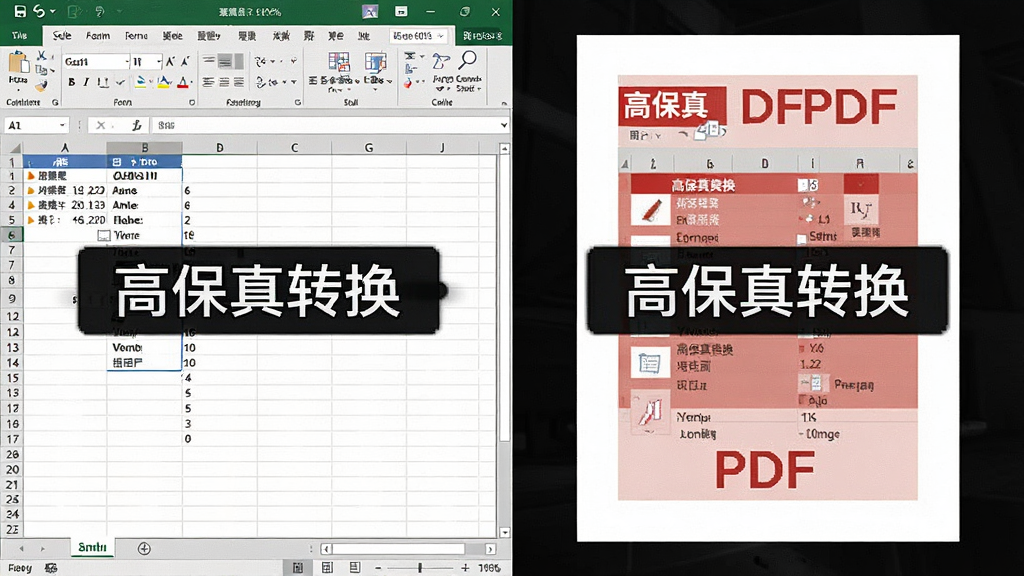 一张对比图,主体为左右分屏对比,左侧是Excel原始表格,右侧是转换后的PDF文档,两者外观完全一致,标注“高保真转换”,布局对称,排版清晰,风格写实,细节精致,画质干净,无多余元素