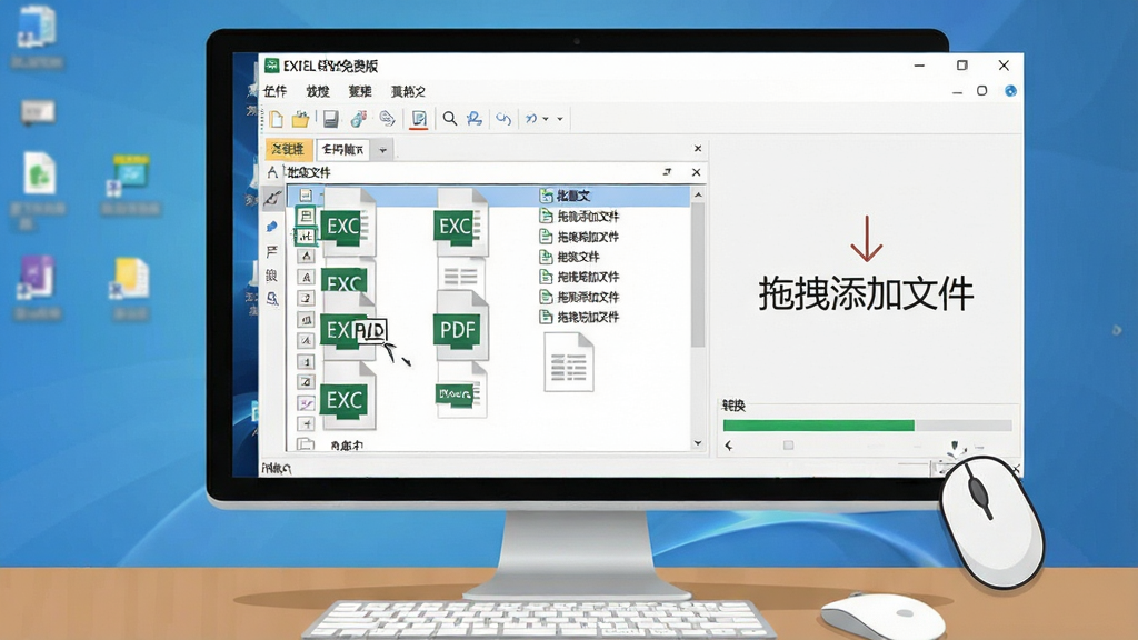 一张操作演示图,主体为电脑桌面,鼠标拖拽多个Excel文件到EXCEL转PDF免费版软件窗口中,软件界面显示批量文件列表和转换进度条,界面中标注“拖拽添加文件”,布局清晰,排版直观,扁平化风格,细节丰富,画质干净,无多余元素