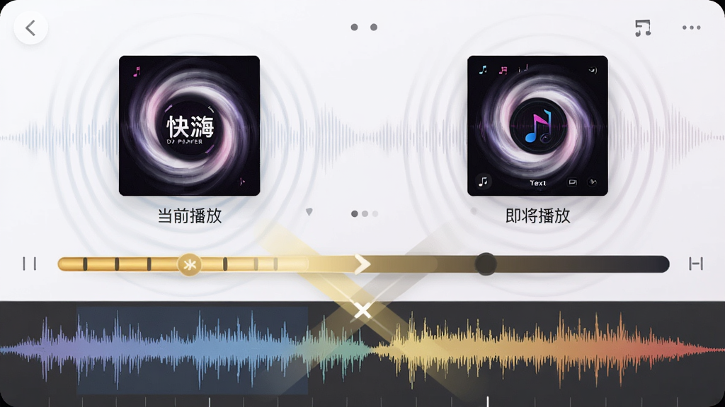 主体:快嗨DJ播放器正在播放两首歌曲切换时的界面,显示交叉淡化进度条。布局:界面下方是波形重叠效果,上方显示当前歌曲与下一首歌曲封面。排版:左右分别标注“当前播放”与“即将播放”。风格:动感潮流,背景带有声波波纹。细节:进度条呈渐变金色,封面旋转。画质:流畅,干净,无多余元素。