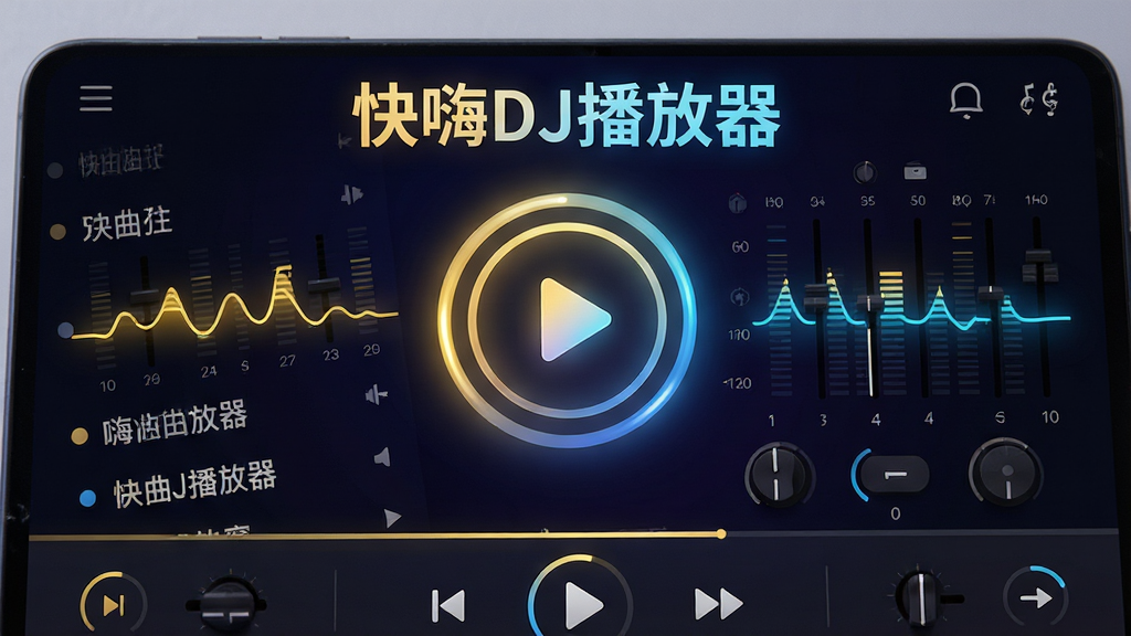 主体:一款名为“快嗨DJ播放器”的音乐应用界面特写,居中显示。布局:界面展示歌曲列表与播放控制栏,背景采用深色渐变搭配霓虹光效,中央有醒目的播放按钮。排版:上方是软件名称“快嗨DJ播放器”字样,下方排列着几首嗨曲歌名。风格:现代科技感,类似专业DJ混音台。细节:均衡器频谱动态起伏,界面有金色与蓝色光晕。画质:高清渲染,干净,无多余元素。
