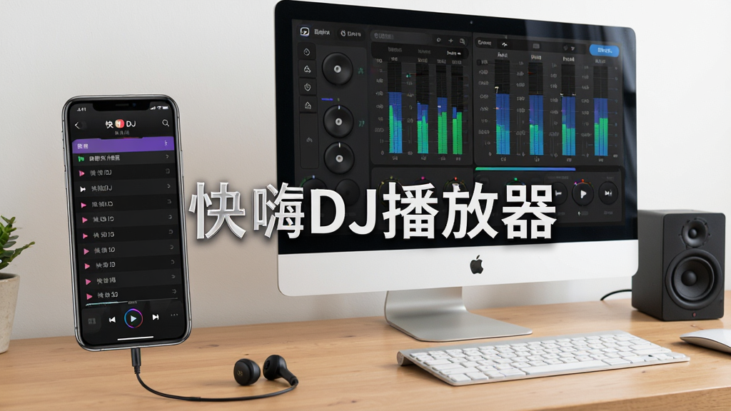 主体:一部手机与一台电脑并排展示快嗨DJ播放器运行画面,手机屏幕显示播放列表,电脑屏幕显示均衡器。布局:手机在左,电脑在右,背景为简洁的工作台。排版:画面中央有“快嗨DJ播放器”字样。风格:明亮简洁,生活化场景。细节:手机上有耳机连接,电脑旁有小型音箱。画质:真实感,干净,无多余元素。