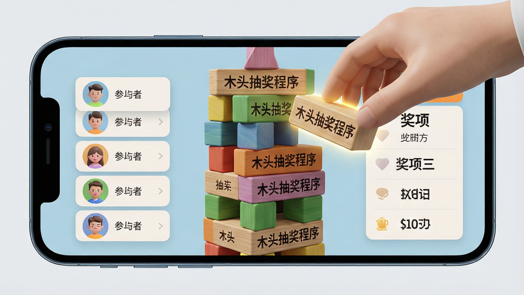 画面主体为手机横屏界面,界面中一座由彩色木块堆叠而成的塔占据屏幕中央,木块上印有“木头抽奖程序”字样。一只手正在从塔中抽出一块木块,木块带有发光效果。构图采用平视视角,布局清晰,木塔左侧显示参与者头像列表,右侧显示奖项名称。风格为3D渲染风格,光影细腻,画质高清,干净整洁。