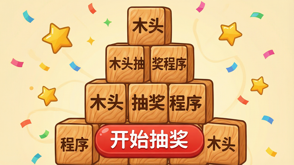 画面主体为一块块堆叠成塔状的木块,木块上印有“木头抽奖程序”字样,整体色调温暖明亮,木纹质感清晰可见。构图采用中央对称,木塔位于画面中心,周围散落着金色星星和彩色纸屑,营造出欢乐的抽奖氛围。排版上,木塔下方放置一个醒目的红色“开始抽奖”按钮,按钮上文字为白色。风格为扁平化卡通插画,细节丰富,画质高清,干净无多余元素。