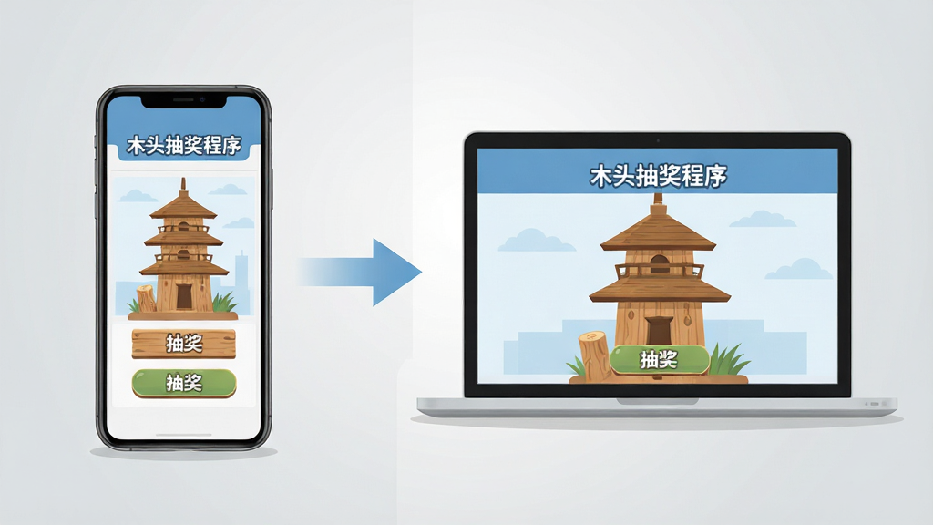 画面主体为一部智能手机和一台笔记本电脑并排放置,屏幕上均显示“木头抽奖程序”的抽奖界面,木塔造型醒目。构图采用左右分割式,左侧手机,右侧笔记本,中间用箭头连接,表示数据同步。排版整洁,背景为浅灰色渐变,风格为科技感扁平插画,细节包括屏幕上的木块和按钮清晰可见,画质高清,干净无杂物。