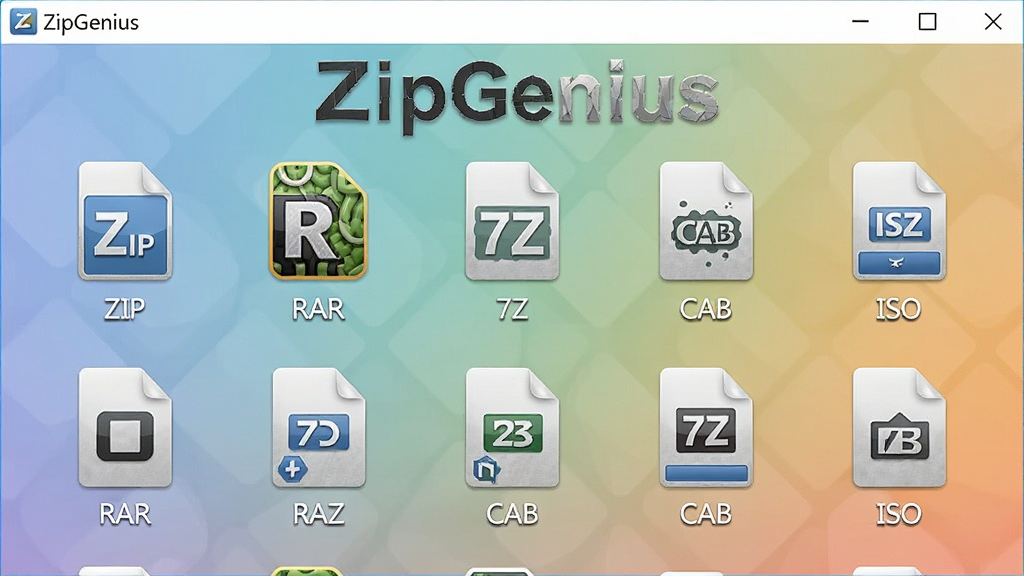一张展示ZipGenius软件支持多种压缩格式的界面截图,界面上用图标和文字列出了ZIP、RAR、7Z、CAB、ISO等多种格式,每个图标设计精美,背景为柔和的渐变色,整体布局规整,画质清晰,干净无多余元素,图片中醒目地显示“ZipGenius”软件名称。