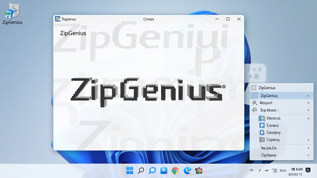 一张展示ZipGenius软件在Windows 11系统上运行的截图,界面与操作系统风格完美融合,背景为一张整洁的电脑桌面,图片中显示软件主窗口和右键菜单,整体画面清晰,干净无多余元素,图片中包含“ZipGenius”软件名称。