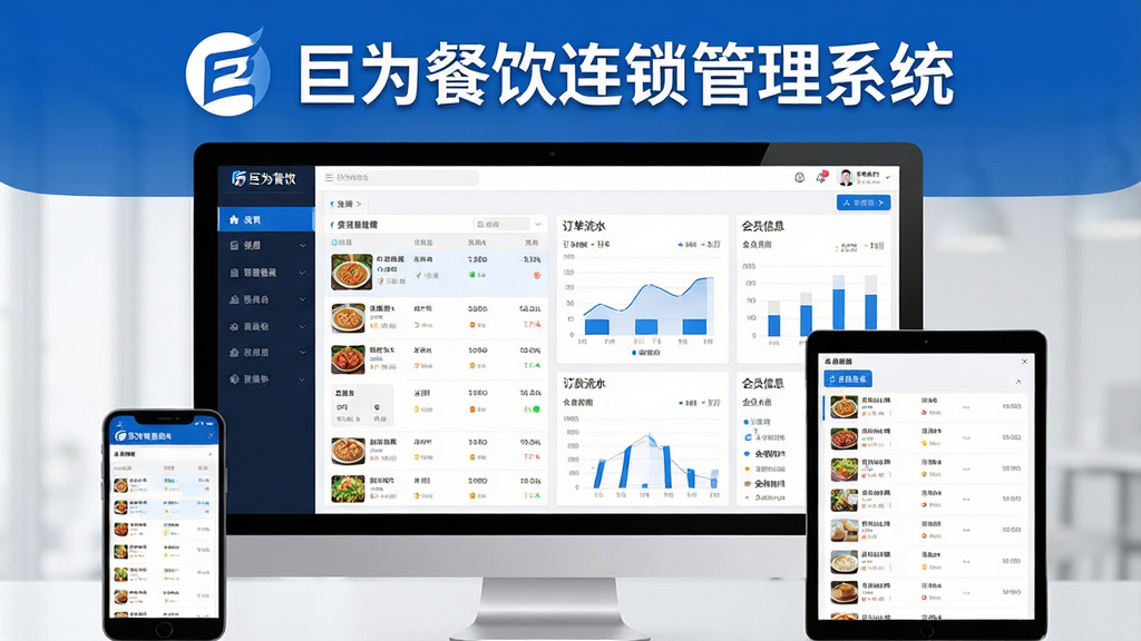 主体:巨为餐饮连锁管理系统在电脑屏幕与手机平板上同步展示门店管理数据面板,画面中央是系统主界面,左侧为功能导航栏,右侧显示实时营业数据图表与门店列表;布局:上下结构,上方为品牌标识与“巨为餐饮连锁管理系统”文字,下方为双端设备展示;排版:界面元素整齐排列,数据图表清晰可读,品牌名称醒目;风格:现代科技感,蓝色与白色为主色调,界面简洁明亮;细节:屏幕中显示菜品列表、订单流水、会员信息等模块;画质:高清渲染,干净,无多余元素。
