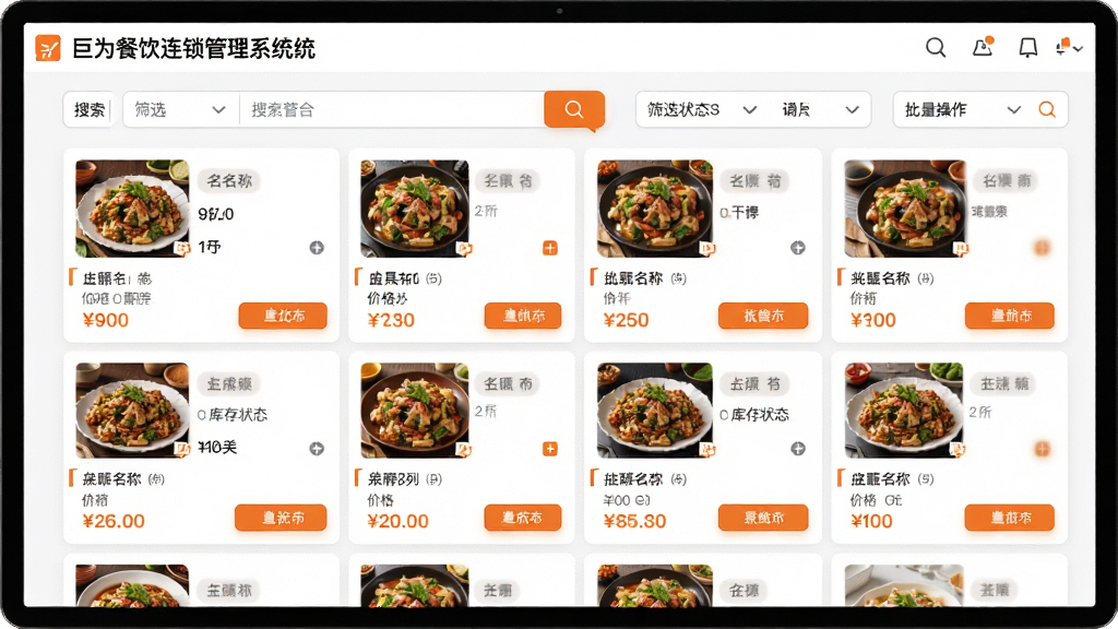 主体:巨为餐饮连锁管理系统的菜品管理模块界面,屏幕中展示菜品列表,包含菜品图片、名称、价格、库存状态;布局:网格卡片式布局,上方为搜索栏与筛选条件;排版:卡片整齐排列,信息一目了然;风格:清新简约,白色背景搭配橙色点缀;细节:每张卡片显示菜品缩略图与价格标签,支持批量操作按钮;画质:高清,干净,无多余元素。