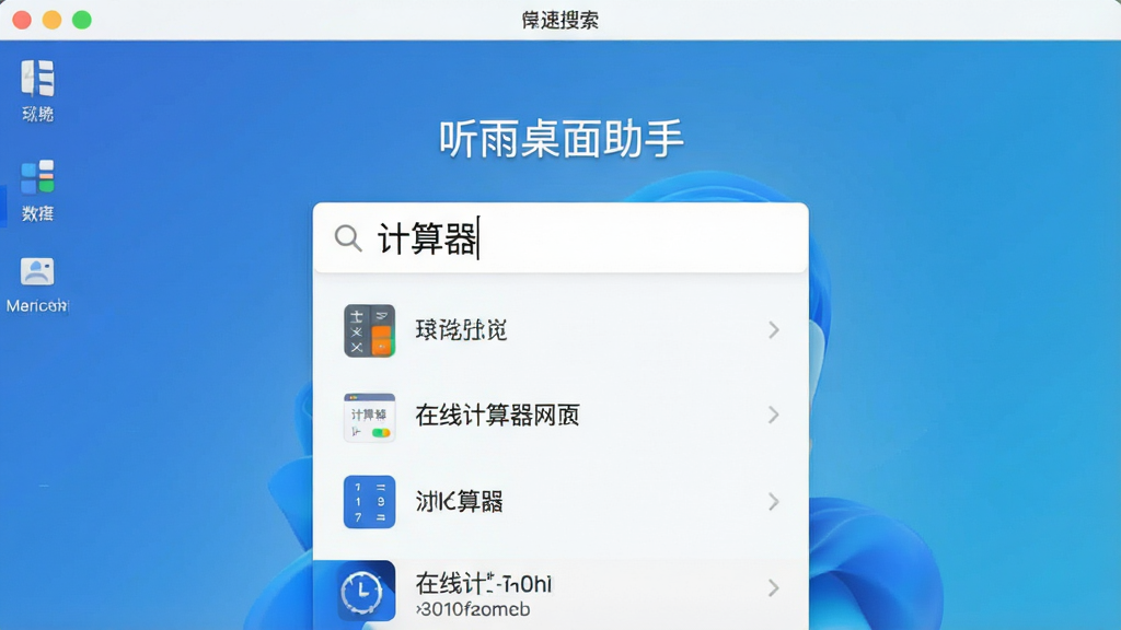 一张展示“听雨桌面助手”极速搜索功能的使用场景图,屏幕中央浮现一个简洁的白色搜索框,框内输入“计算器”三个字,下方以列表形式呈现出计算器应用、在线计算器网页等候选结果,桌面背景为整洁的蓝色渐变,整体风格扁平化设计,布局居中,细节清晰,画质干净,无多余元素。