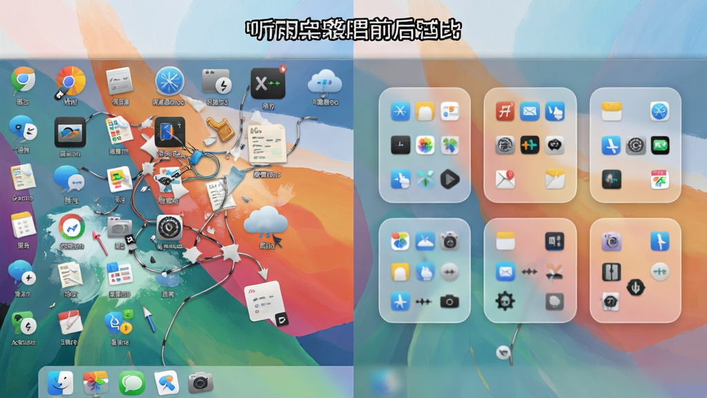 一幅展示“听雨桌面助手”桌面整理前后对比的示意图,左半边是图标凌乱的桌面,右半边是经过整理后图标被归类到几个半透明圆角矩形盒子中的整洁桌面,背景为一张色彩柔和的抽象艺术壁纸,整体风格对比鲜明,布局清晰,细节到位,画质干净,无多余元素。