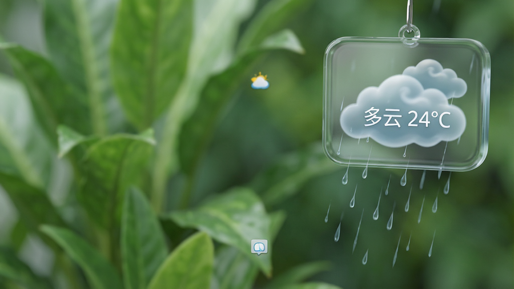 一张特写“听雨桌面助手”雨滴天气挂件的电脑屏幕截图,挂件位于屏幕右上角,呈半透明玻璃质感,上面显示“多云 24℃”的字样,挂件背景有动态的云朵和细微的雨丝效果,桌面壁纸为模糊的绿色植物,整体风格清新自然,布局简洁,细节丰富,画质高清,干净无多余元素。