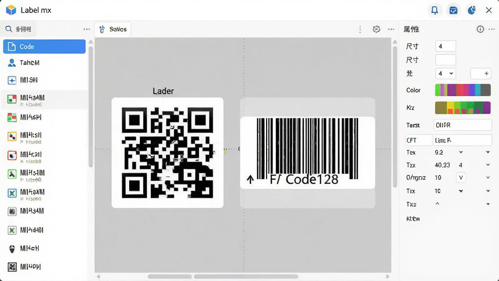 Label mx 通用条码标签设计系统条码生成功能界面,显示多种码制列表,中间画布上有一个放大的QR Code二维码和Code128条码,右侧属性栏可调整条码尺寸、颜色、字体,界面明亮,图标清晰,细节丰富,画质干净