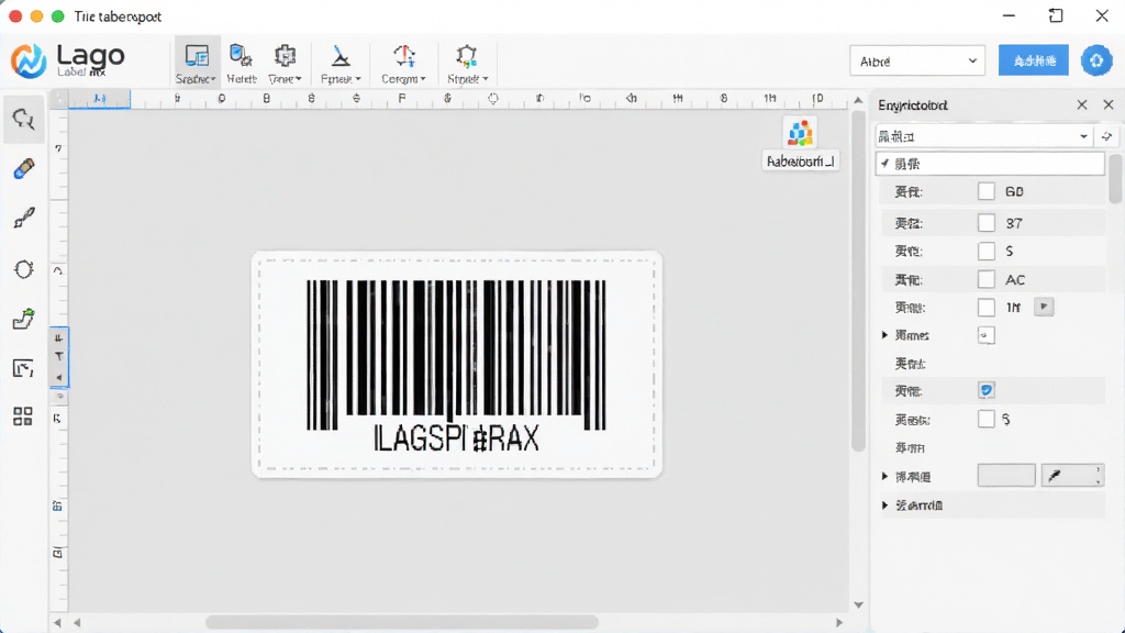 Label mx 通用条码标签设计系统主界面预览,展示软件Logo、工具栏、标签编辑画布、右侧属性面板,以浅色商务风格为主,界面整洁,图标清晰,画布中有一张设计好的条码标签样张,整体明亮干净,细节丰富,画质高清
