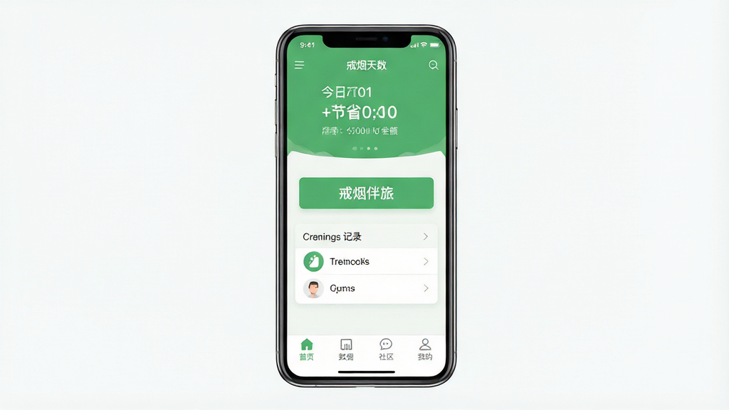 一张展示戒烟伴旅应用主界面的手机截图,界面以清新绿色为主色调,顶部显示戒烟天数与节省金额,中部有今日打卡按钮与 cravings 记录入口,底部导航栏包含首页、数据、社区、我的四个标签,整体布局简洁明快,扁平化设计风格,高清画质,干净无多余元素,图片中央标注“戒烟伴旅”字样